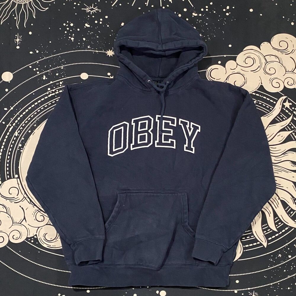 Obey Hoodie Mens L Blue Pullover Fleece-Lined Performance Sports Sweatshirt